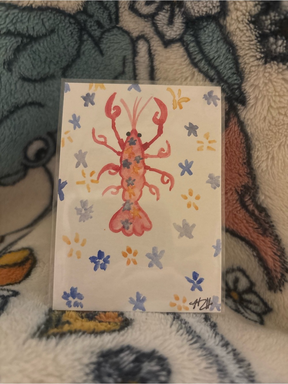 Original ACEO “Floral  Lobster” Art Print - Pink & Coral